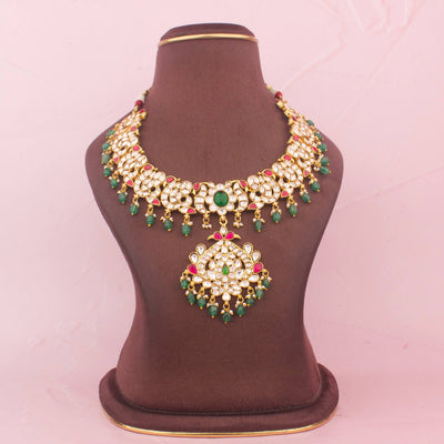 Ethnic Moissanite Polki With Peacock Design Pendant And Emerald Beads