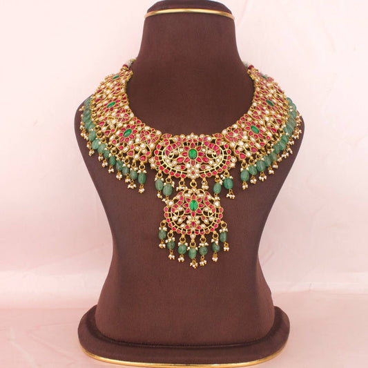 Traditional Bridal Jadau Kundan Necklace With Guttapusalu Hanging