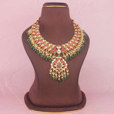 Imperial Jadau Kundan Necklace With Emerald Bead Drops