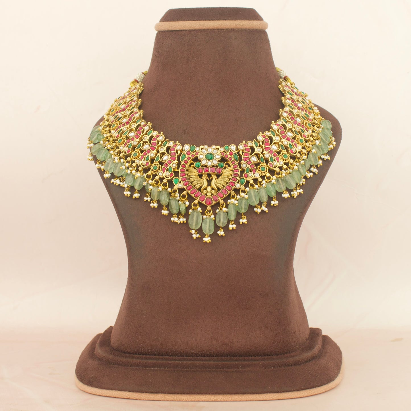 Alluring gold tone jadau kundan nakshi necklace with guttapusalu hangings