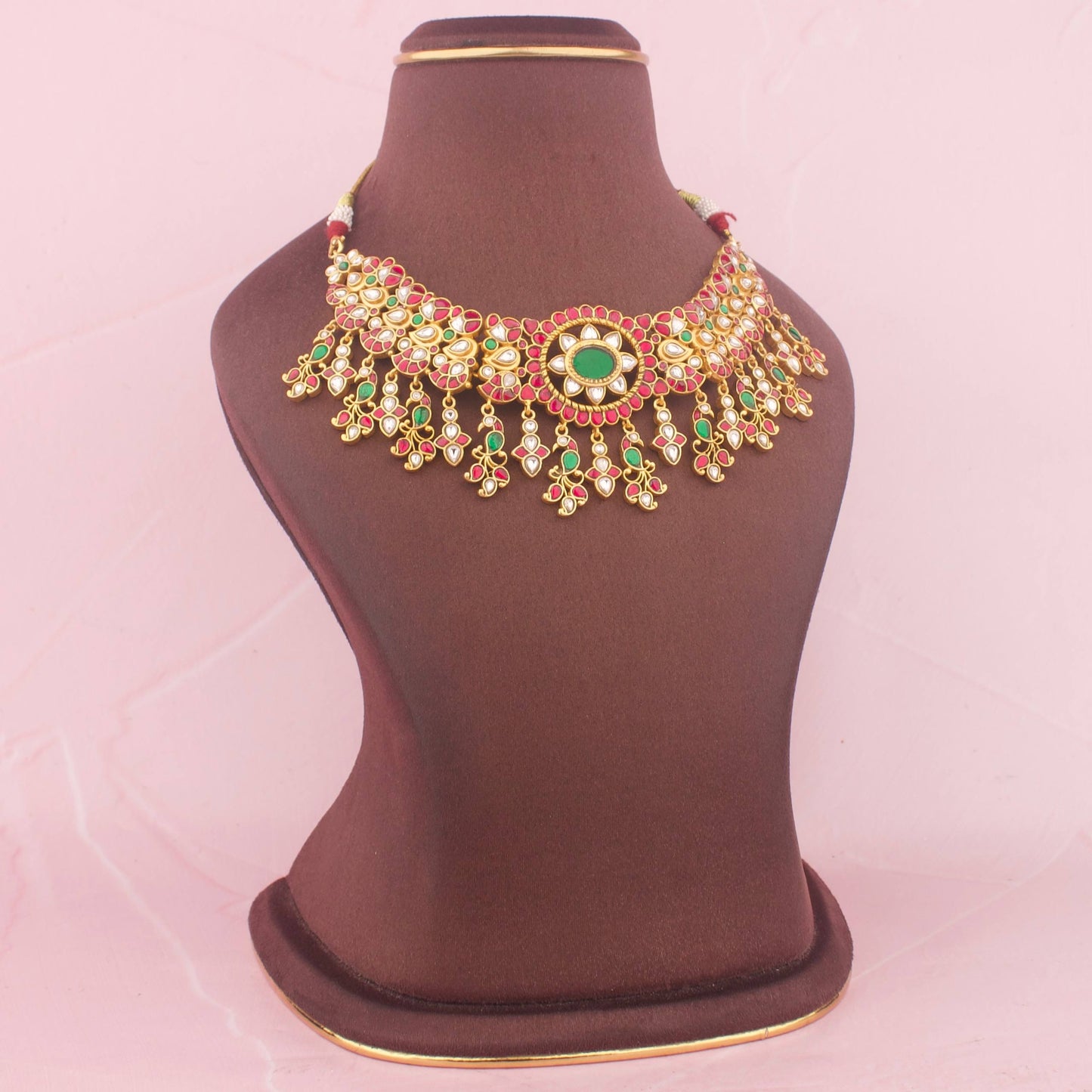 Regal Jadau Kundan Short Necklace With Hangings Craftsmanship & Detail View - Dulhan Jewels