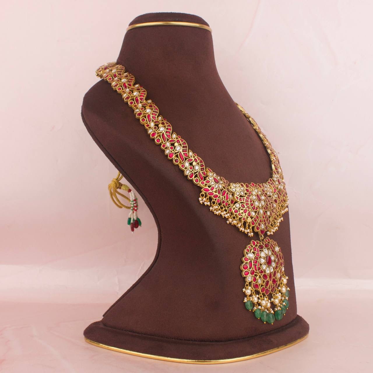 Bridal Jadau Kundan Long Haram With Pearls & Beads Hangings