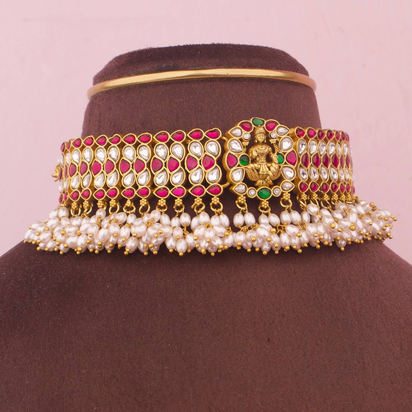 Temple Style Lakshmi Devi Jadau Kundan Choker With Rice Pearls