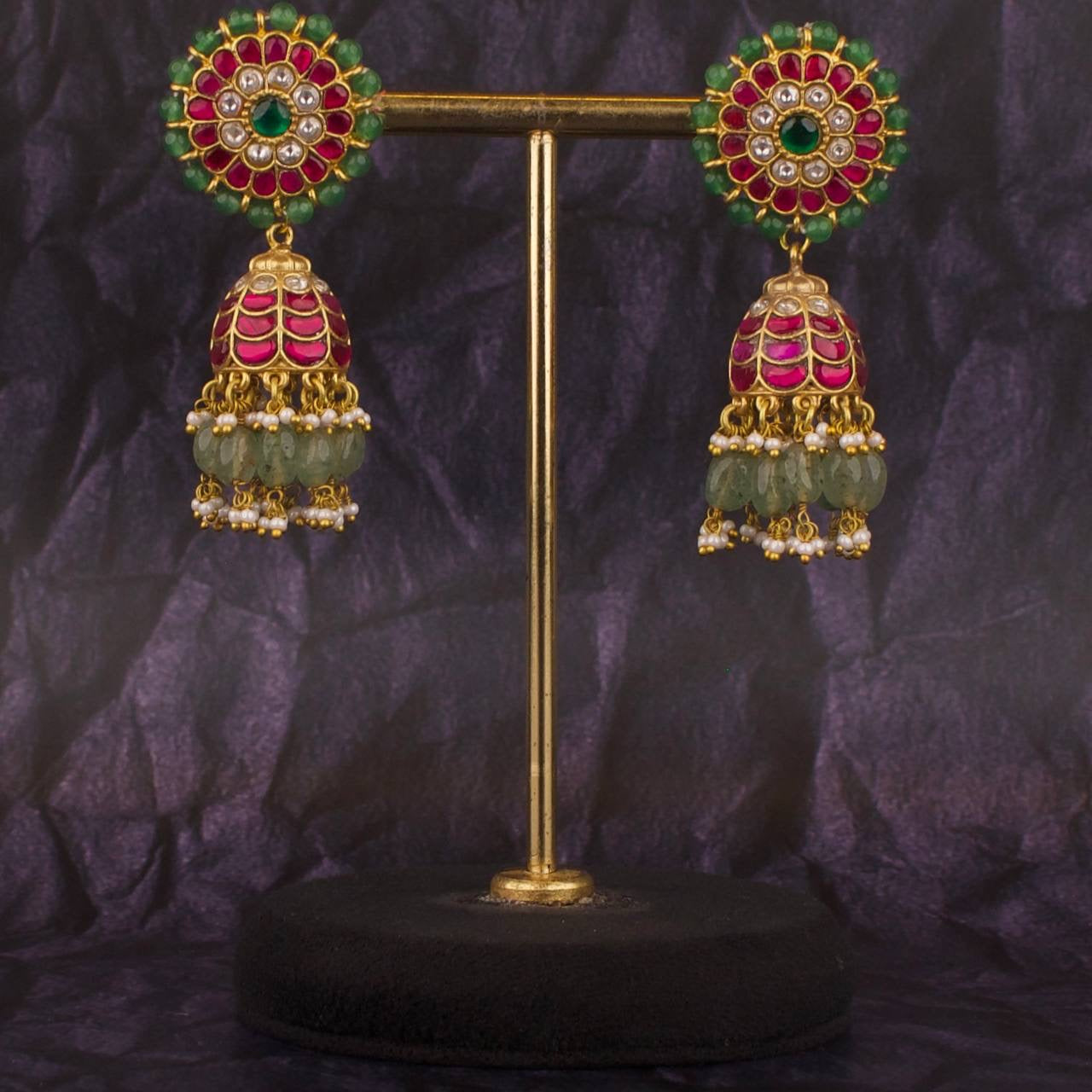 Beads Bordered Studded Jadau Kundan Jhumki Earrings
