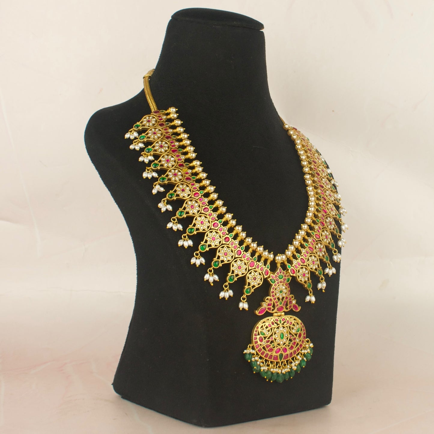 Impressive Floral Design Jadau Kundan Long Necklace with Beads