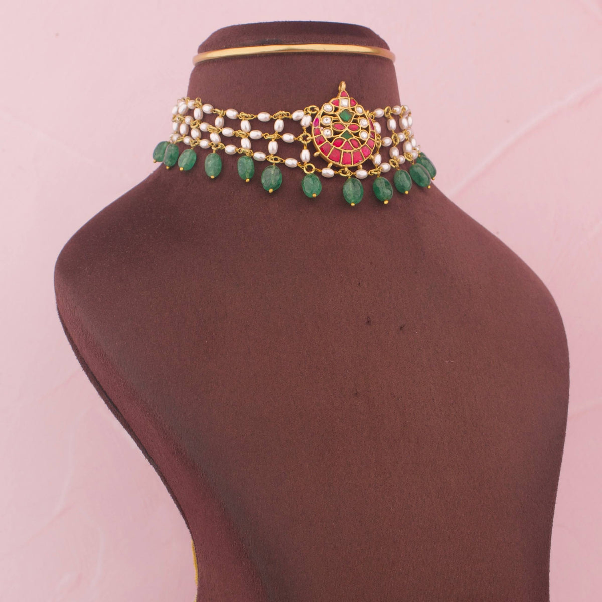 Designer Jadau Kundan Choker With Green Drops