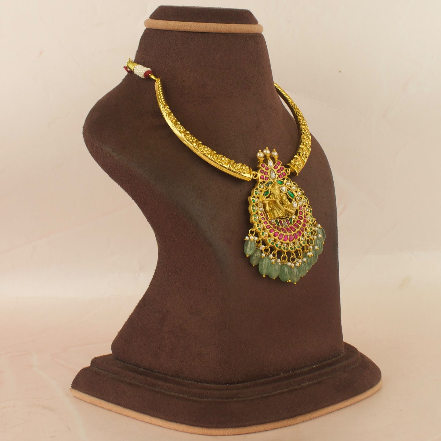 Radha Krishna Locked Jadau Kundan Kanti with Green Beads