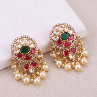 Ethnic Ruby Victorian Stud Earrings With Pearl Drops - Handcrafted Indian Bridal Jewelry by Dulhan Jewels