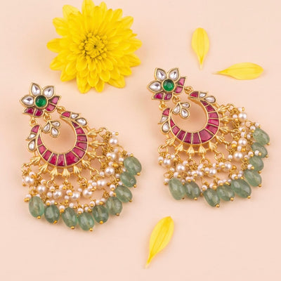 Classic Chandbali Earrings With Green Bead Hangings