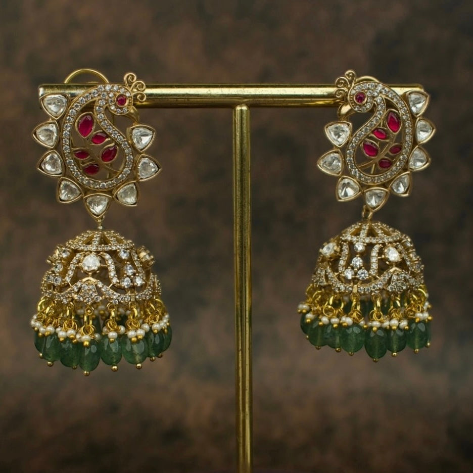 Royal Victorian Polki Paisley Jhumkas with Emerald Drops