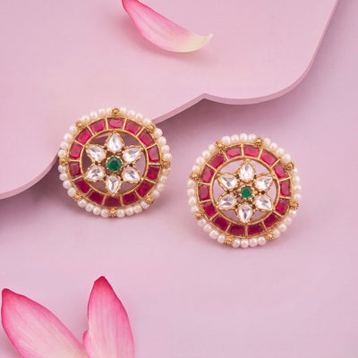 Classic Jadau Kundan Stud Earrings With Pearl Bordering