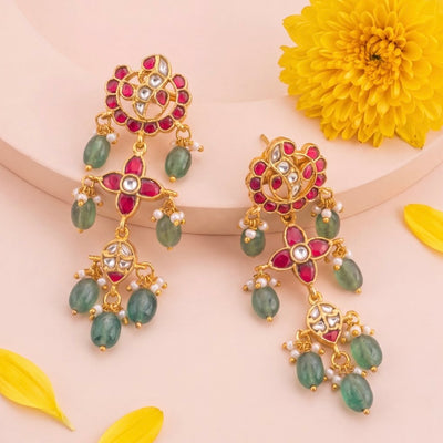 Unique Jadau Kundan Earrings With Green Drops