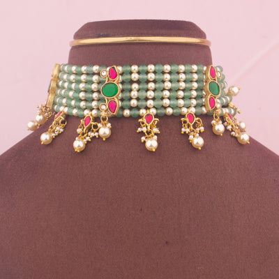 Elegant Jadau Kundan Beads Choker With Pearl Hangings