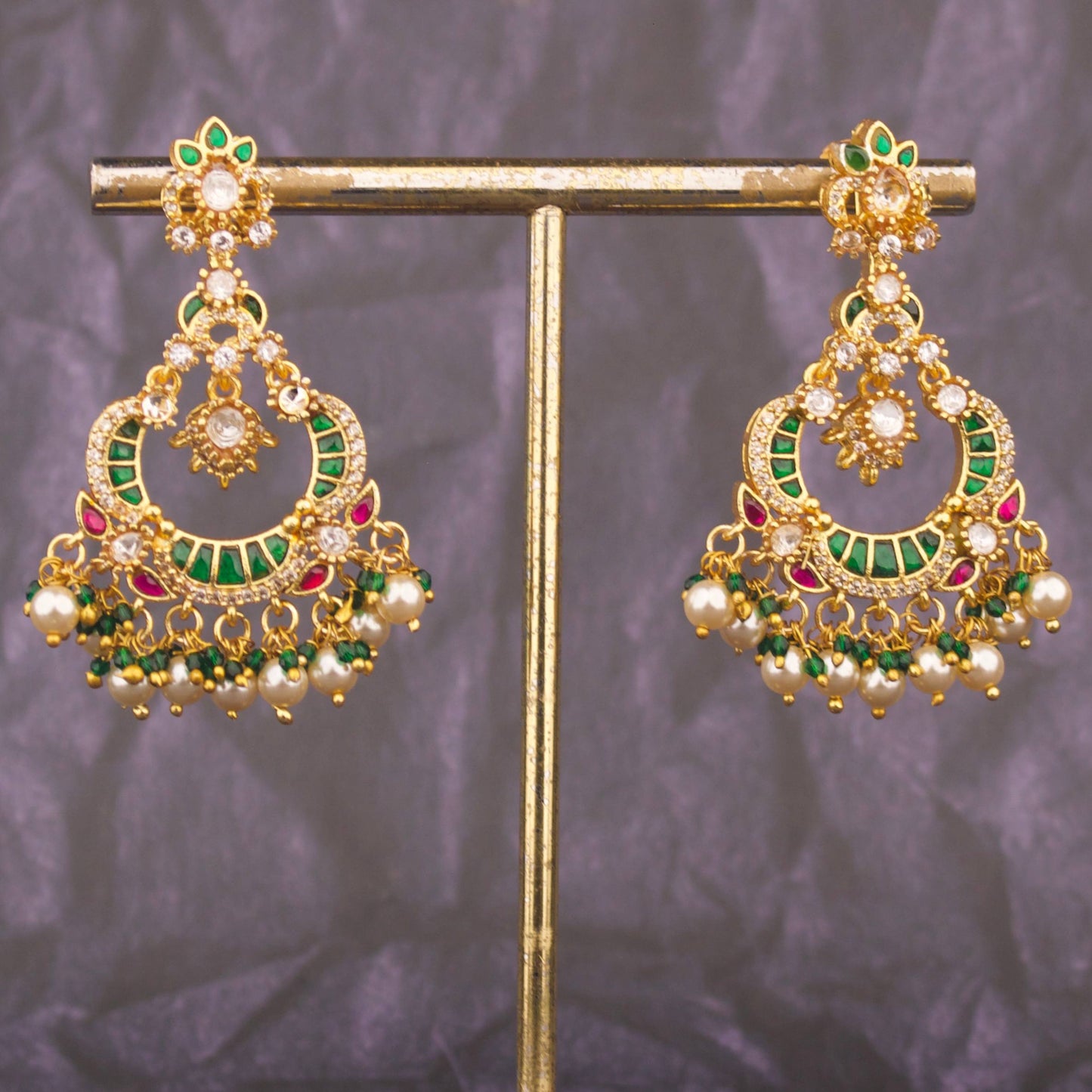 Radiant Jadau Kundan Chandbali Earrings With Hangings Styling Angle View 5 - Dulhan Jewels