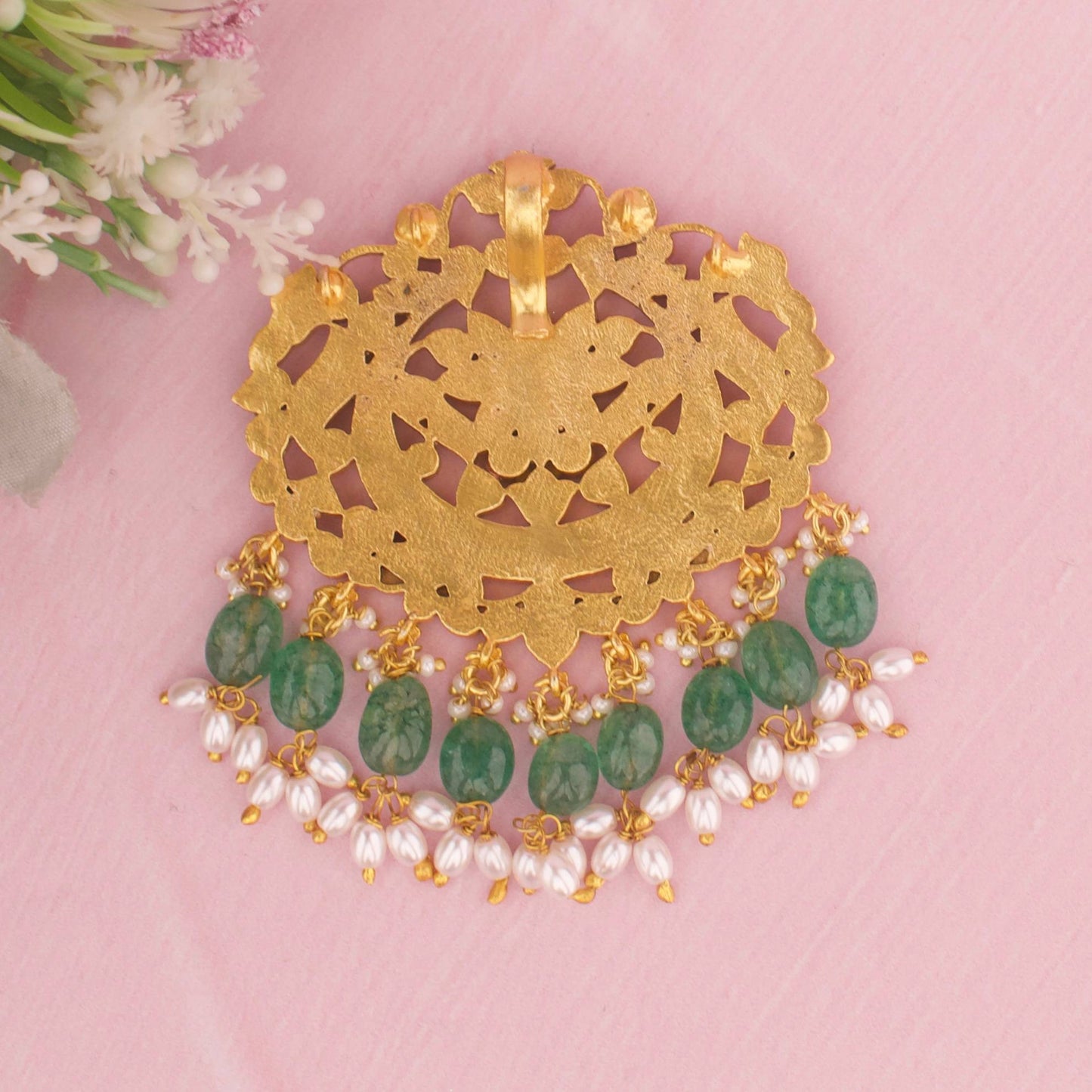 Bridal Jadau Kundan Pendant With Green Bead Hangings