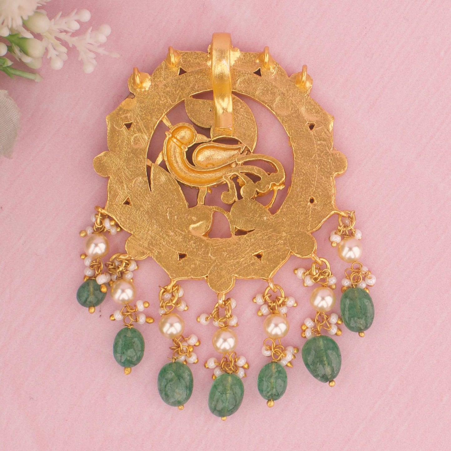 Unique Jadau Kundan Locket With Emerald Drops