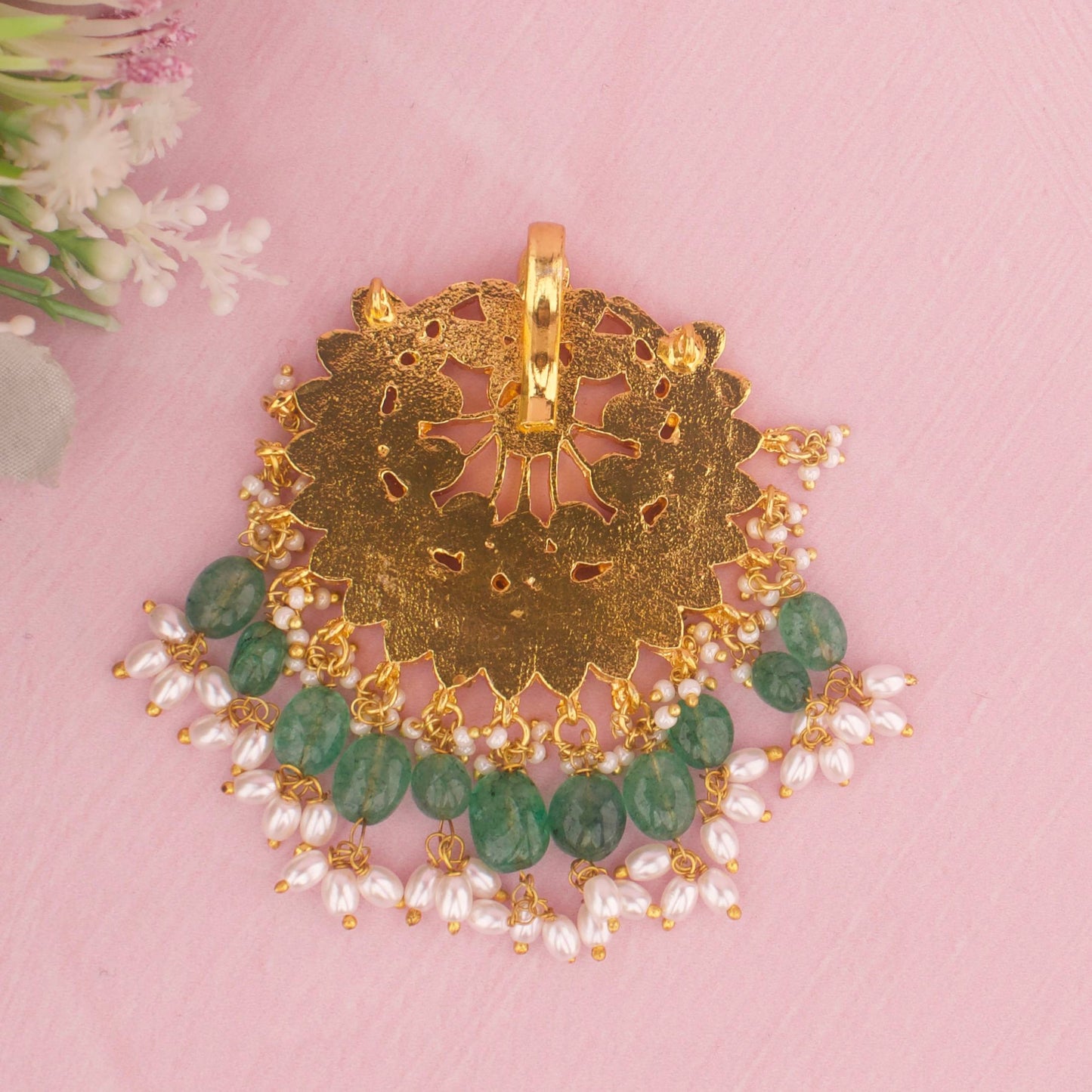 Elegant Moissanite Polki Locket With Rice Pearl Hangings