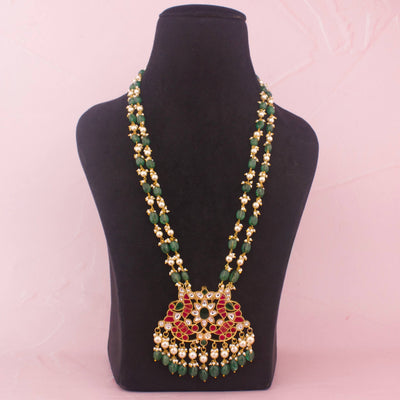 Classic Jadau Kundan Beads Mala With Emerald Drops