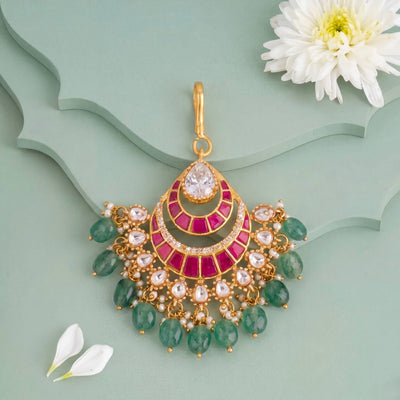 Polki Jadau Kundan Gold Plated Maang Tikka Green Drops
