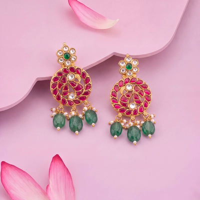 Unique Jadau Kundan Earrings With Emerald Drops