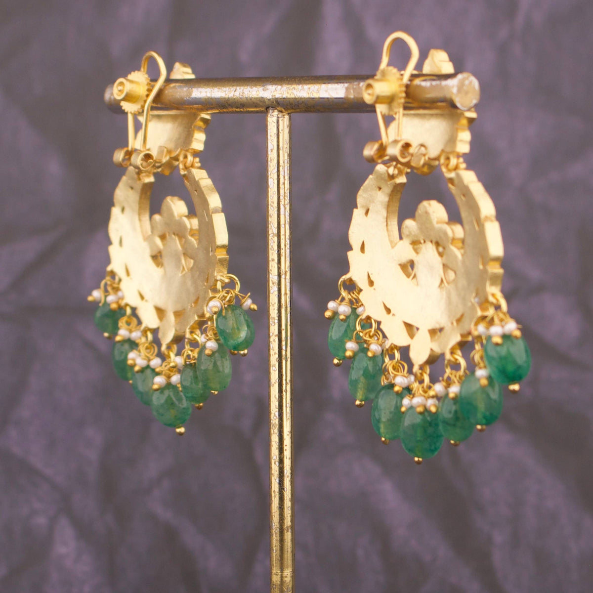 Traditional Jadau Kundan Chandbali Earrings With Green Hangings