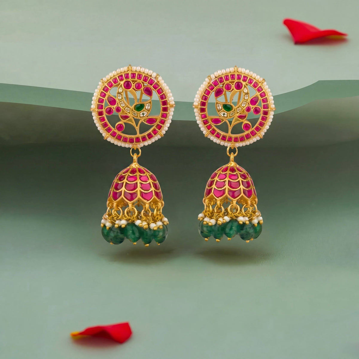 Peacock Studded Jadau Kundan Jhumka Earrings - Handcrafted Indian Bridal Jewelry by Dulhan Jewels