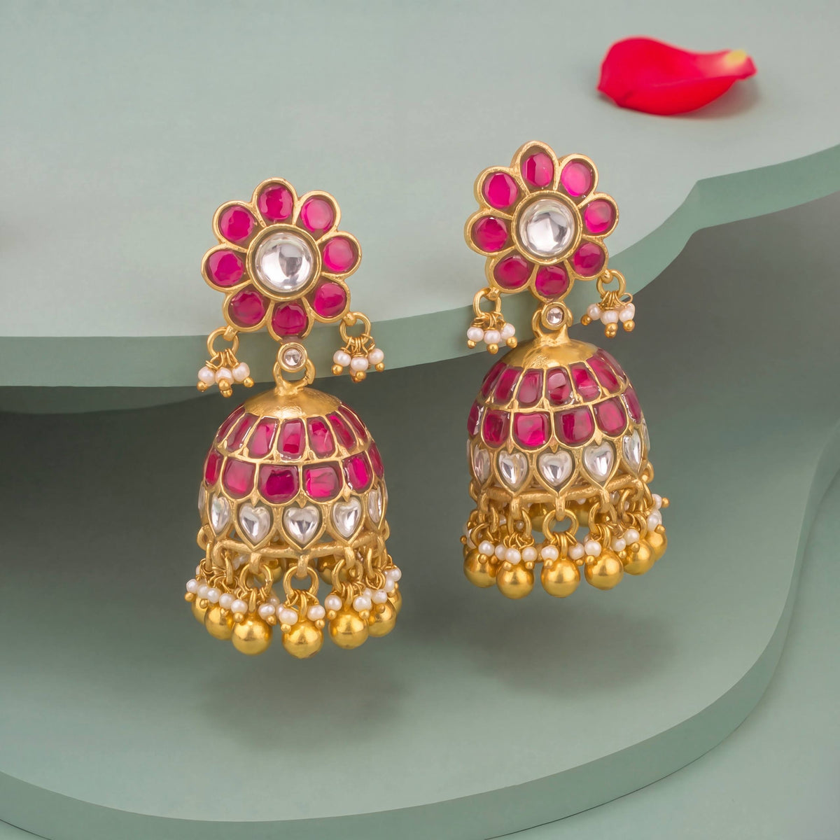 Vibrant Petal Design Jadau Kundan Jhumkas - Handcrafted Indian Bridal Jewelry by Dulhan Jewels