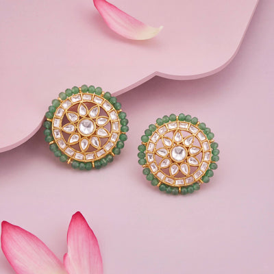 Moissanite Polki Stud Earrings With Green Beads Bordering