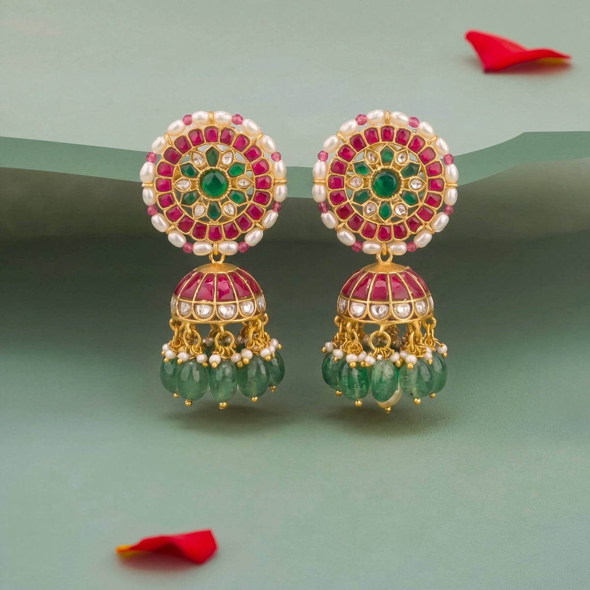 Stunning Jadau Kundan Jhumki With Pearl Bordering - Handcrafted Indian Bridal Jewelry by Dulhan Jewels