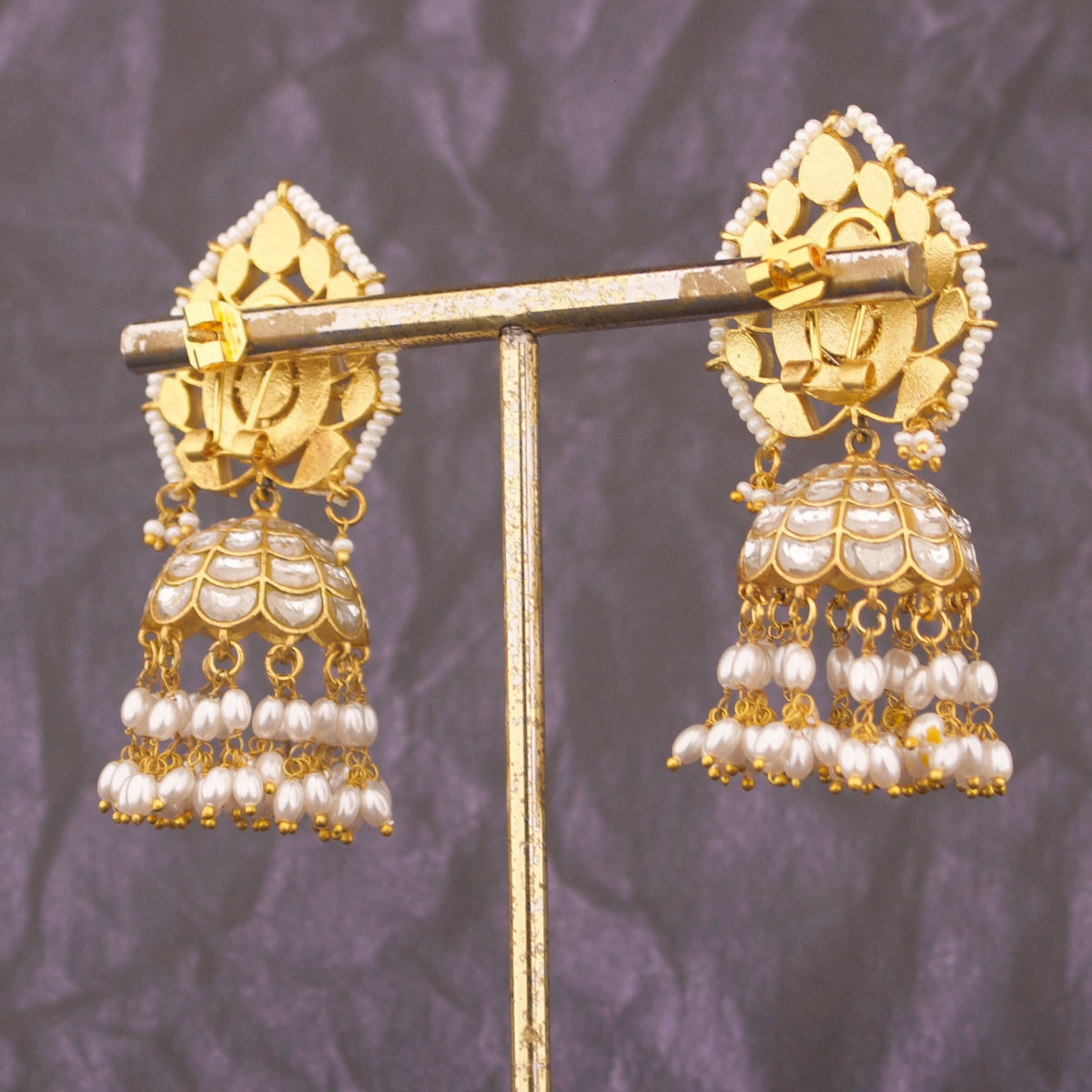 Designer Jadau Kundan Jhumka Earrings With Ricepearl Drops