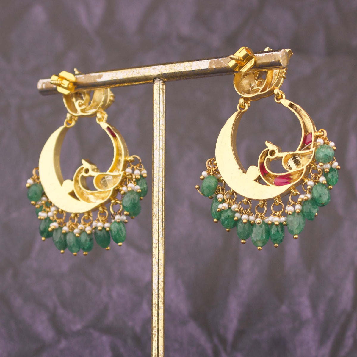 Nakshi Jadau Kundan Chandbali Earrings With Green Drops