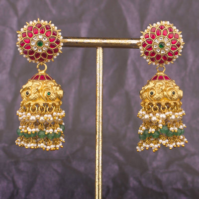 Temple Style Jadau Kundan Jhumki Earrings With Pearl Drops - Handcrafted Indian Bridal Jewelry by Dulhan Jewels