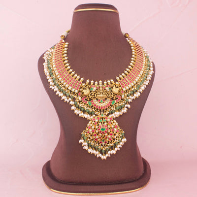 Temple Style Jadau Kundan Necklace With Floral Pendant
