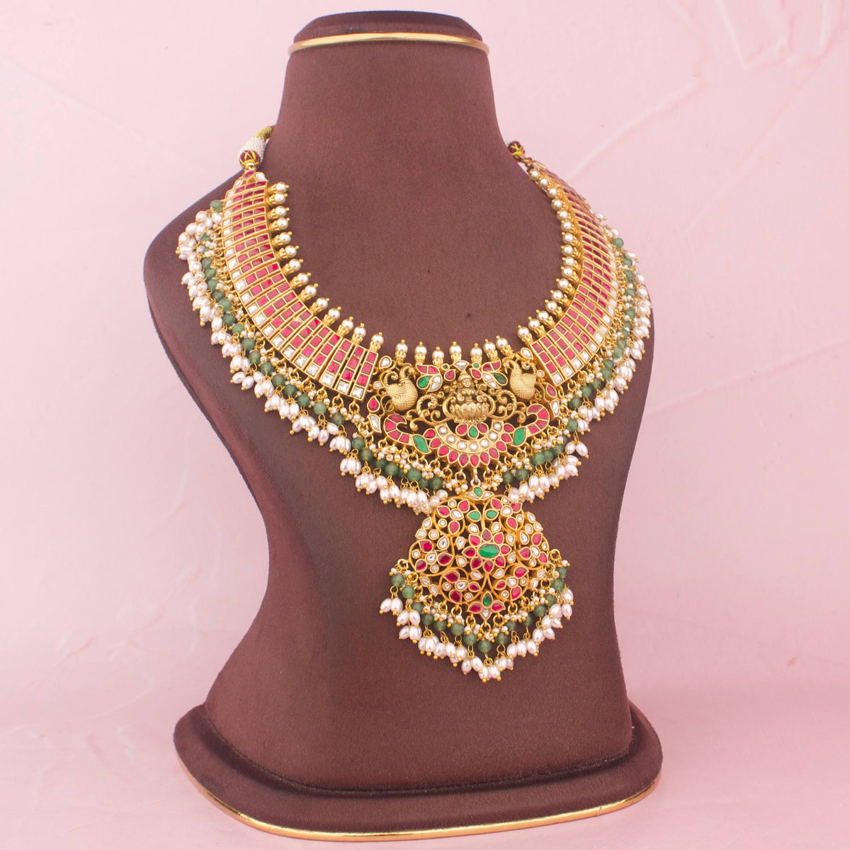 Temple Style Jadau Kundan Necklace With Floral Pendant