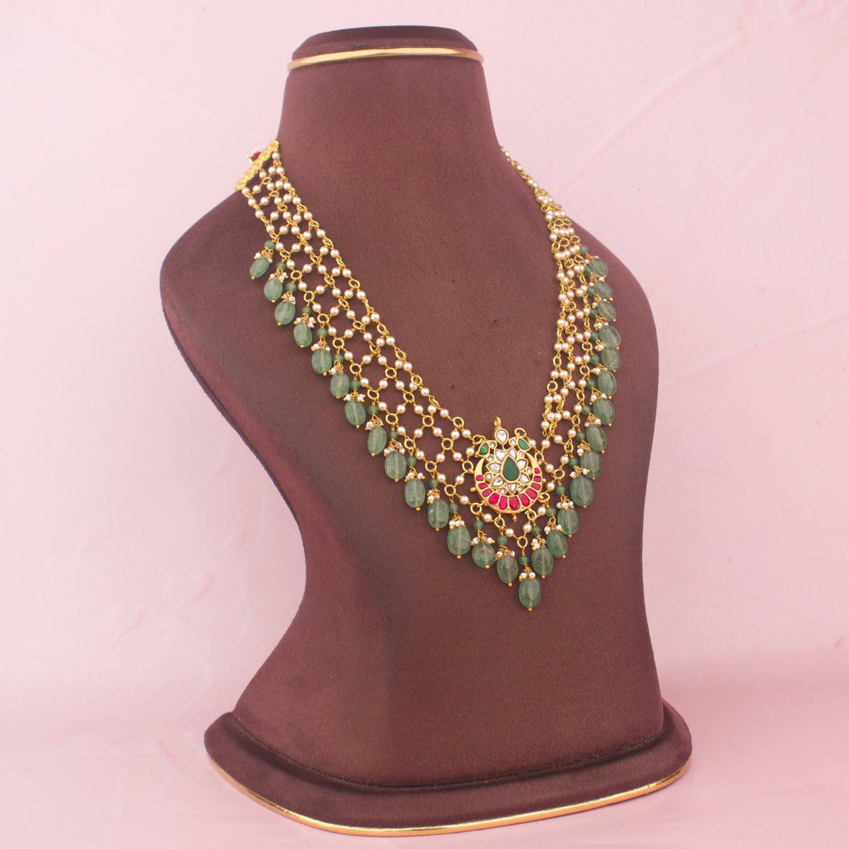 Classic Jadau Kundan Necklace With Green Beads