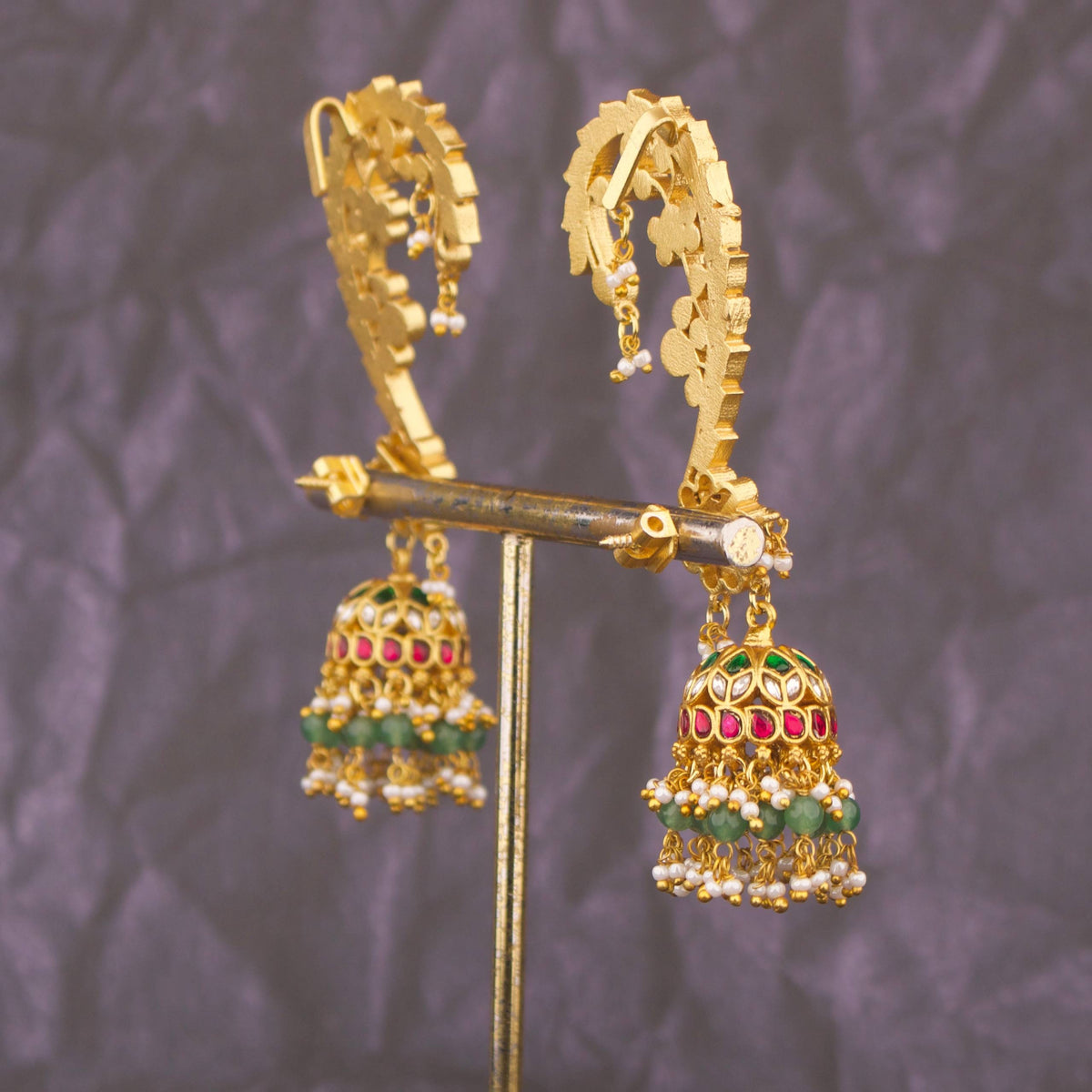 Traditional Jadau Kundan Earcuff With Hangings Craftsmanship & Detail View - Dulhan Jewels