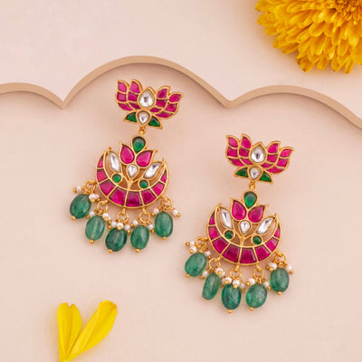 Lotus Design Jadau Kundan Chandbali Earrings With Emerald Drops