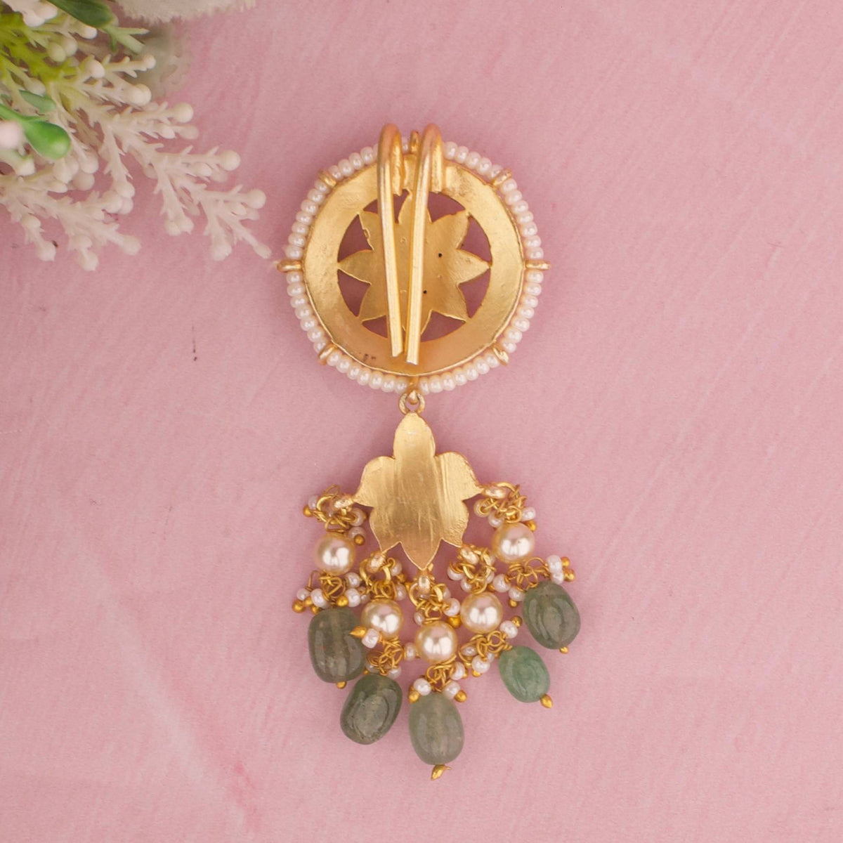 Floral Design Jadau Kundan Hair Pin With Green Drops