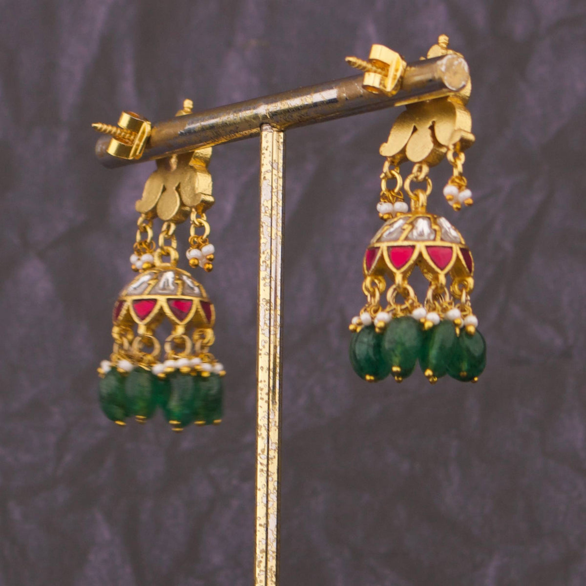 Classic Jadau Kundan Jhumka Earrings With Green Drops Craftsmanship & Detail View - Dulhan Jewels