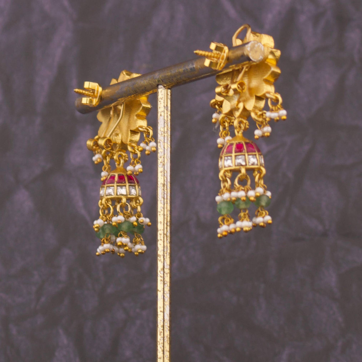 Minimal Jadau Kundan Jhumki Earrings Craftsmanship & Detail View - Dulhan Jewels