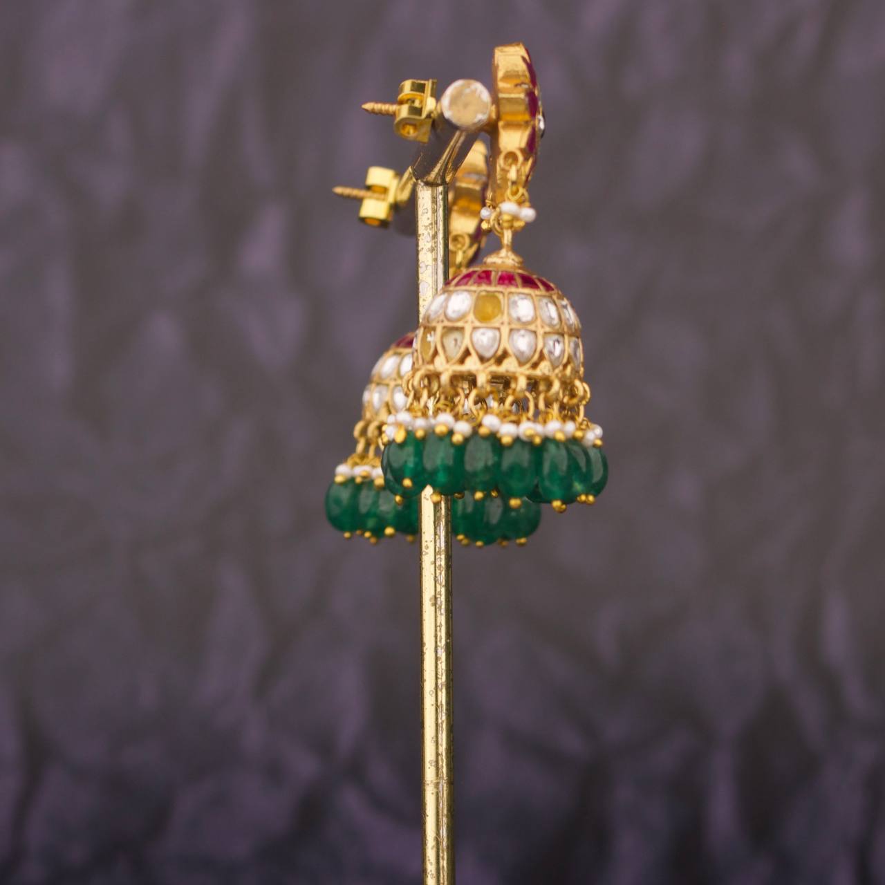 Floral Studded Multi Coloured Jadau Kundan Jhumki Earrings