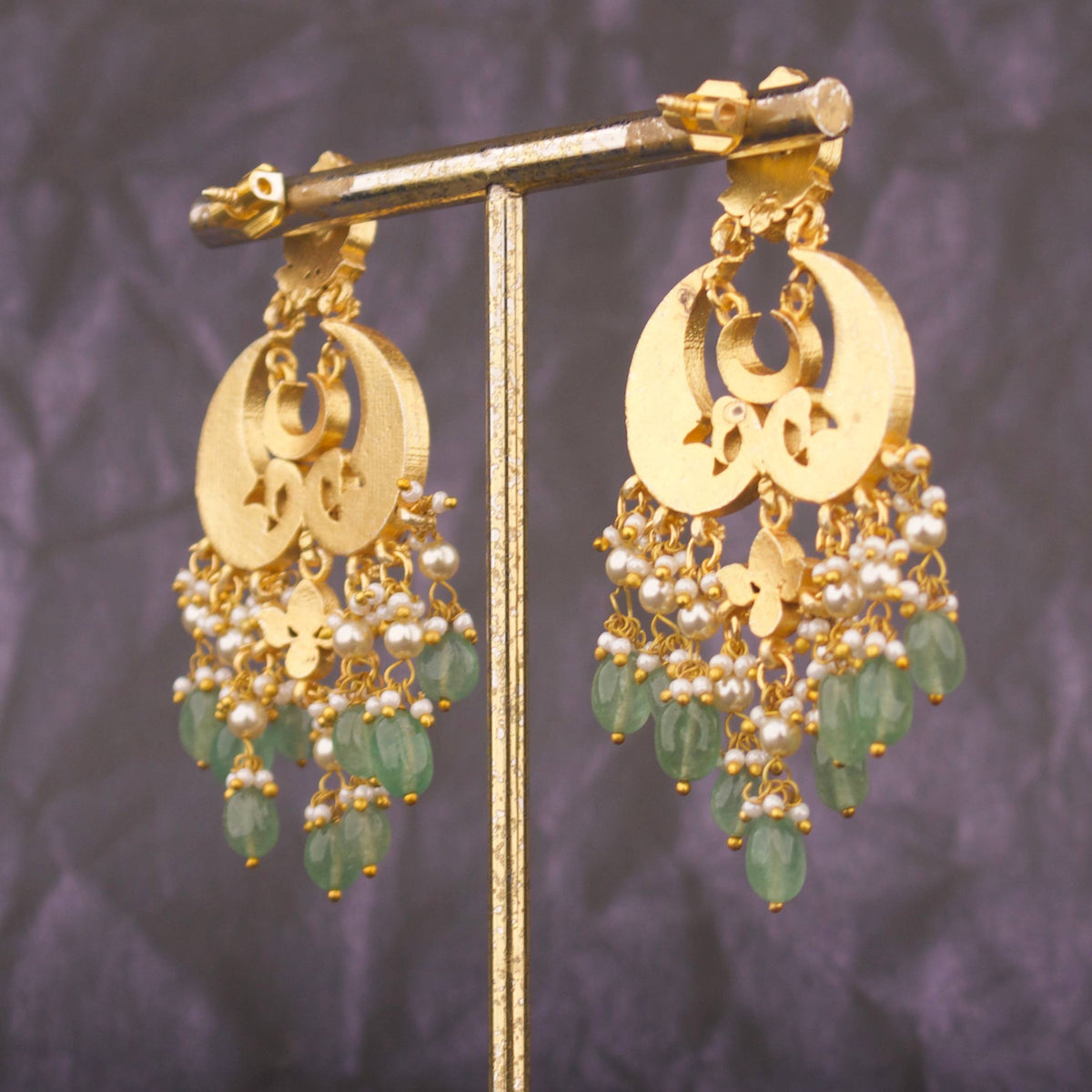 Regal Jadau Kundan Chandbali Earrings With Green Drops