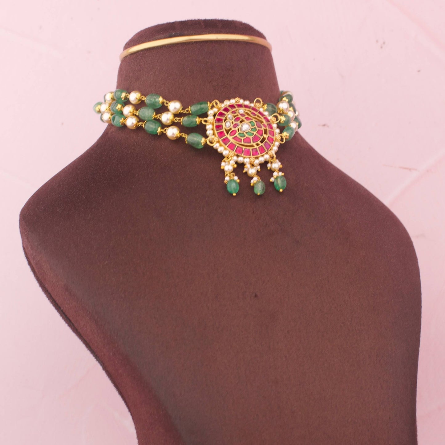 Traditional Beaded Choker with Floral Kundan Pendant And Pearl Drops