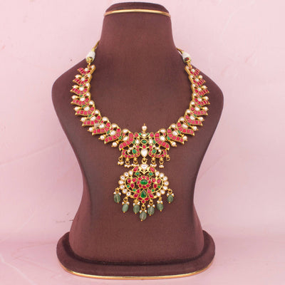 Desiner Jadau Kundan Necklace With Floral Pendant And Green Bead Drops