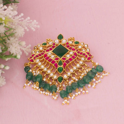 Peacock Jadau Kundan Pendant With Emerald Drops