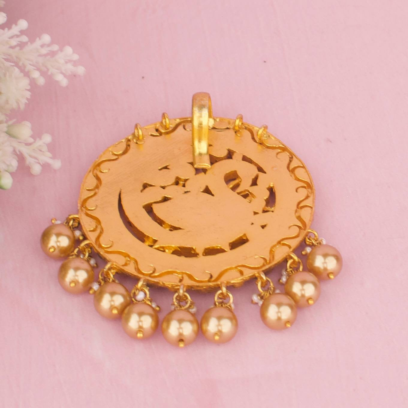 Antique Jadau Kundan Pendant With Pink Stone Embellishments And Golden Latkans