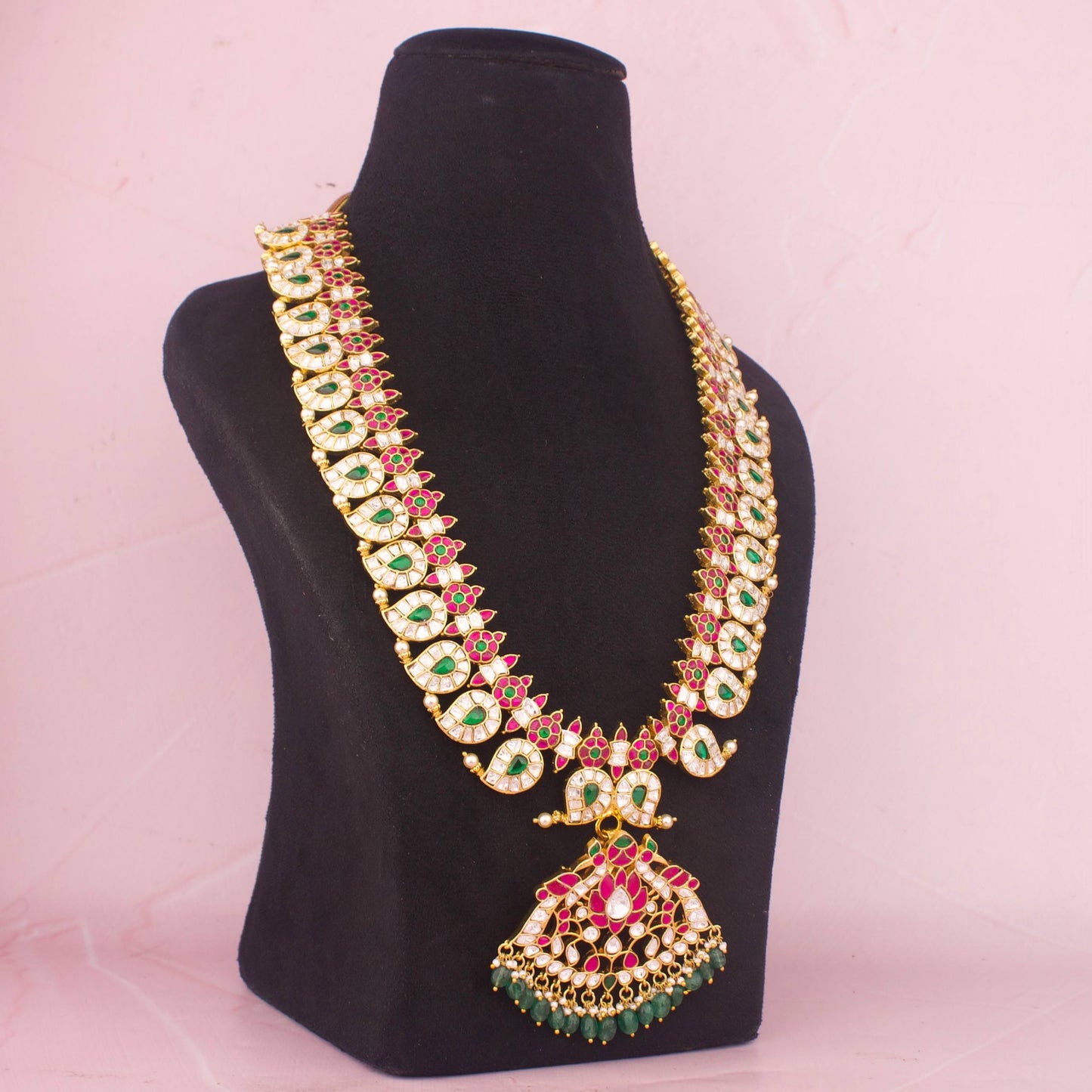 Grand Mango Design Jadau Kundan Long Haram Necklace With Pendant