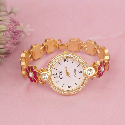 Elegant Pink Jadau Kundan Watch Bracelet With Floral Design
