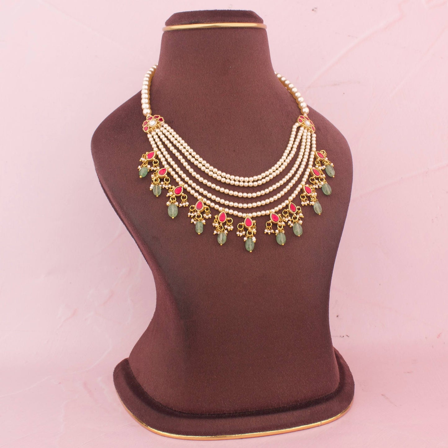 Minimal Pearl Layered Necklace With Green Stone Drops
