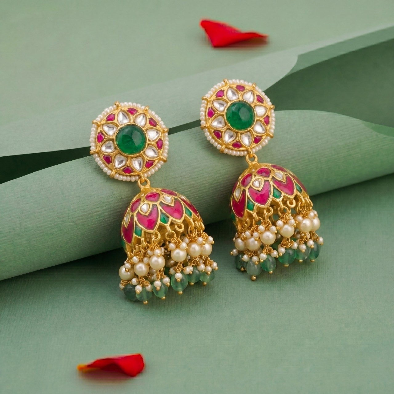 Bridal Floral Design Jadau Kundan Jhumki with Pearl and Beads Hanging